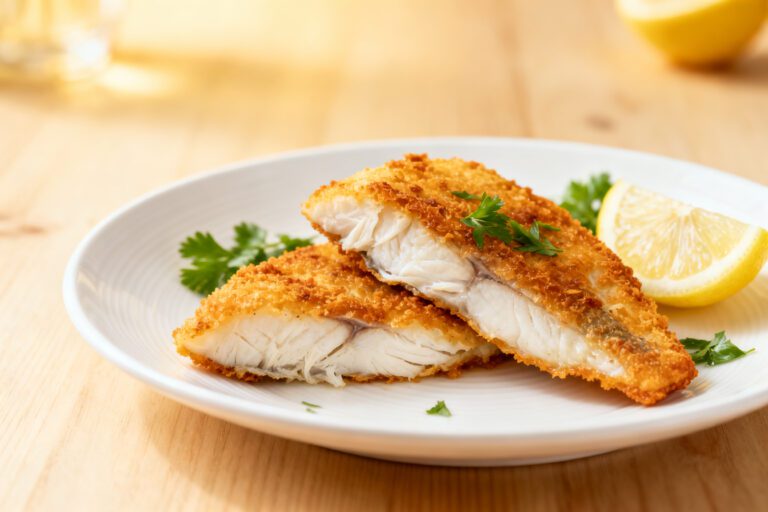 Air fryer keto fish with a crispy low carb coating and tender flaky white fish, served with lemon wedges and fresh parsley on a white plate.