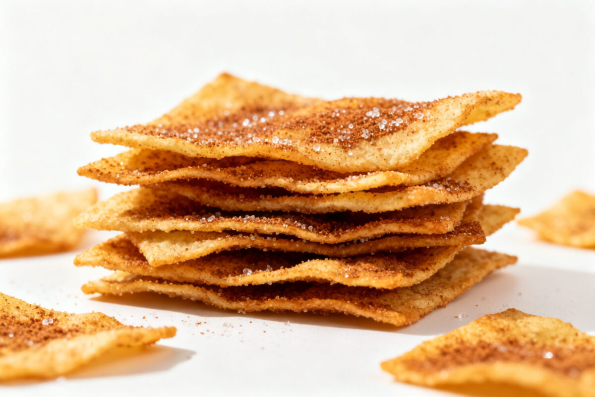 Air fryer cinnamon sugar chips with a light crispy texture, coated in cinnamon and sugar, stacked into crunchy layers for a sweet and irresistible snack.