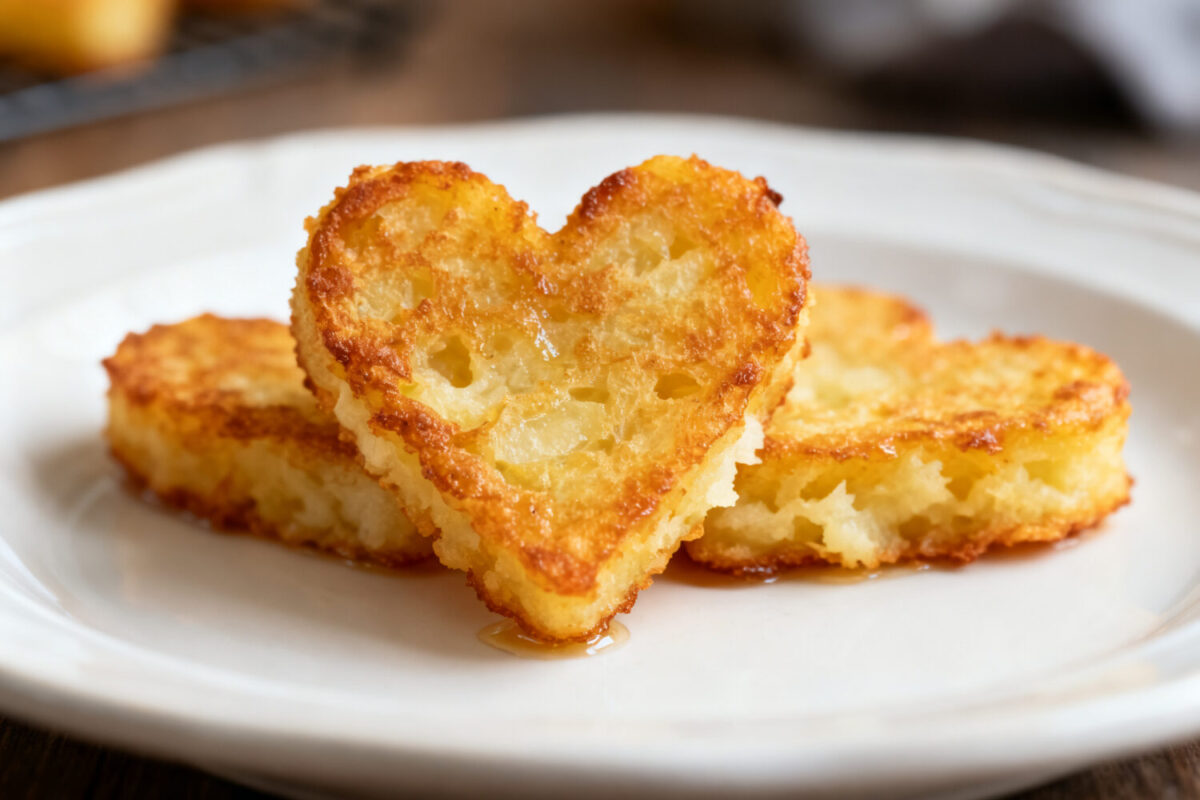 Air fryer heart shaped hash browns with a crispy golden exterior and tender potato center, served on a white plate as a cute and easy breakfast side dish.