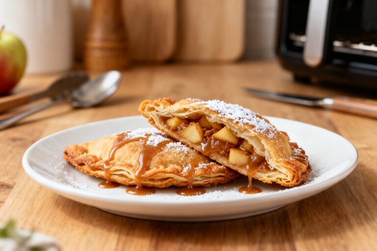 Air fryer fried apple pies with a crispy golden pastry crust, warm cinnamon apple filling, powdered sugar, and caramel drizzle, served as a cozy homemade dessert.