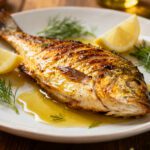 Air fryer grilled fish with crispy golden skin, tender flaky flesh, lemon wedges, fresh dill, and a buttery herb sauce served on a white plate.