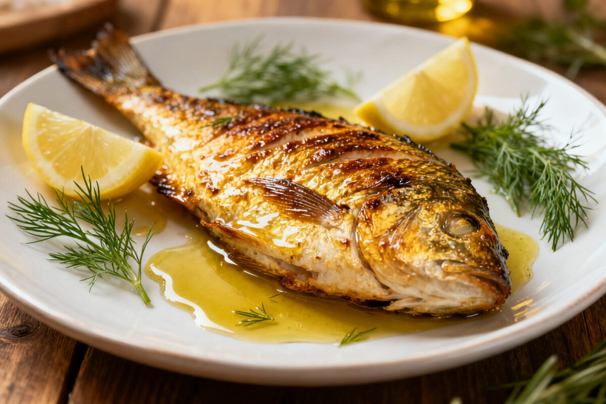 Air fryer grilled fish with crispy golden skin, tender flaky flesh, lemon wedges, fresh dill, and a buttery herb sauce served on a white plate.