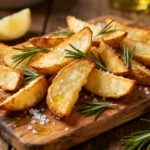 Air fryer pub chips with crispy golden potato wedges, flaky sea salt, fresh rosemary, and a light drizzle of oil, served on a rustic wooden board.