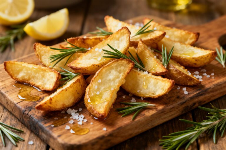 Air fryer pub chips with crispy golden potato wedges, flaky sea salt, fresh rosemary, and a light drizzle of oil, served on a rustic wooden board.