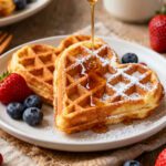 Air fryer heart shaped waffles with a golden crispy exterior, powdered sugar, maple syrup, fresh strawberries, and blueberries, served as a cute breakfast treat.