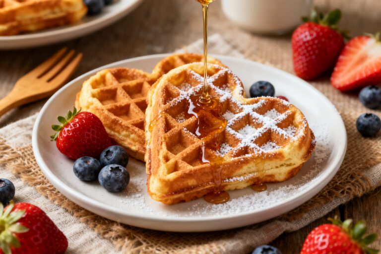 Air fryer heart shaped waffles with a golden crispy exterior, powdered sugar, maple syrup, fresh strawberries, and blueberries, served as a cute breakfast treat.