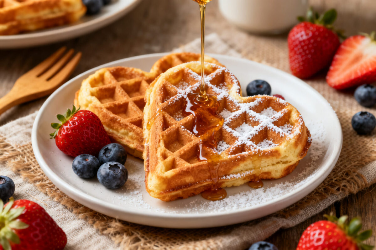 Air fryer heart shaped waffles with a golden crispy exterior, powdered sugar, maple syrup, fresh strawberries, and blueberries, served as a cute breakfast treat.