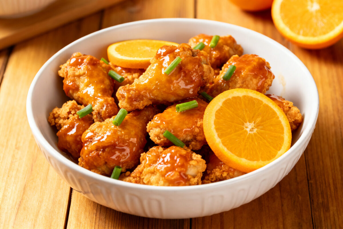 Air fryer frozen orange chicken with crispy breaded chicken pieces coated in a glossy orange sauce, garnished with green onions and fresh orange slices in a serving bowl.