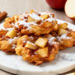 Air fryer homemade apple fritters topped with tender cinnamon apples, powdered sugar, and caramel drizzle, featuring a crispy golden exterior and soft fluffy interior.