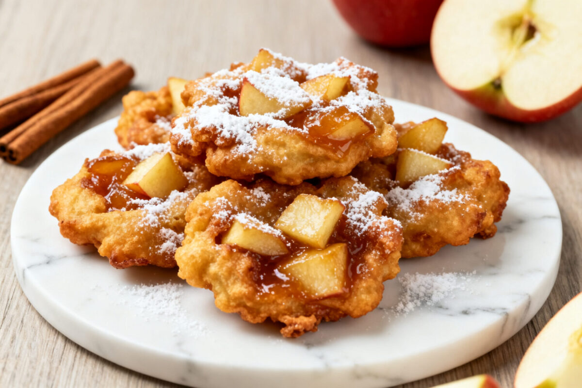 Air fryer homemade apple fritters topped with tender cinnamon apples, powdered sugar, and caramel drizzle, featuring a crispy golden exterior and soft fluffy interior.
