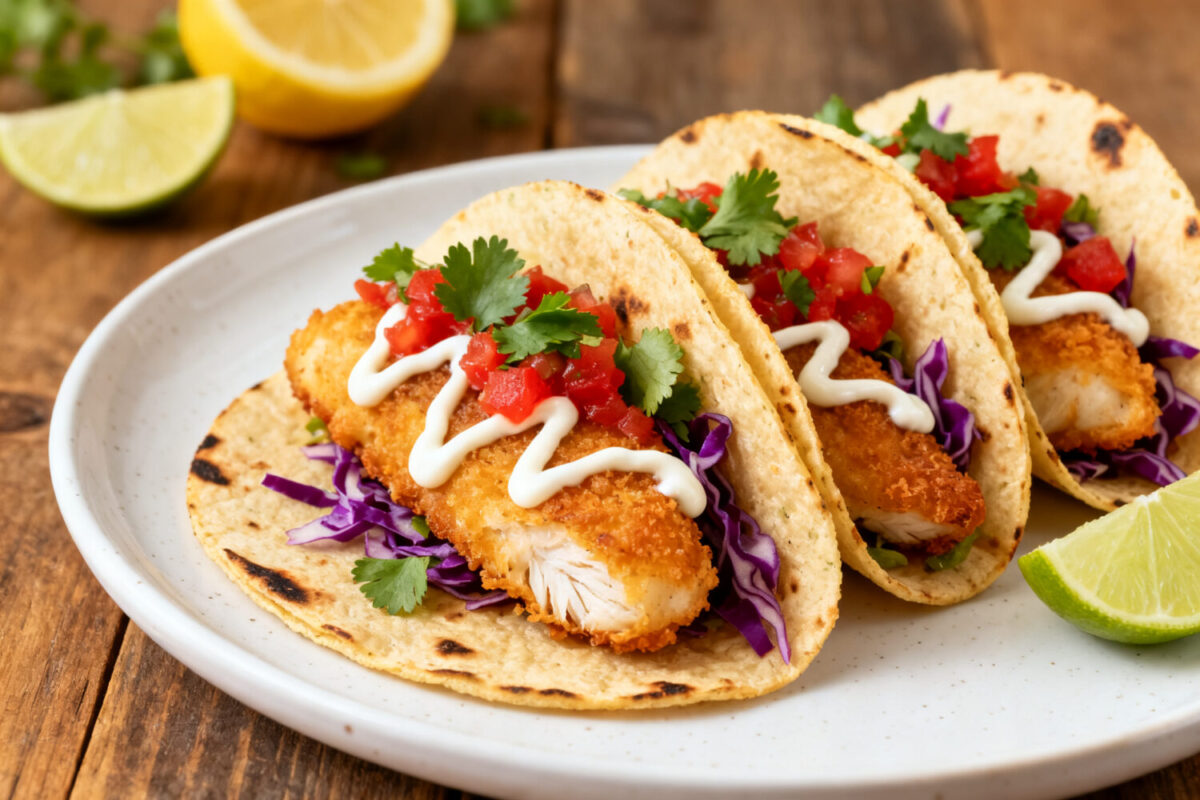 Air fryer fish tacos with crispy breaded fish, shredded purple cabbage, fresh pico de gallo, cilantro, and creamy sauce, served in warm tortillas with lime wedges.