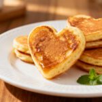 Air fryer heart shaped pancake bites with a fluffy golden texture, lightly drizzled with syrup and served on a plate as a cute breakfast treat.