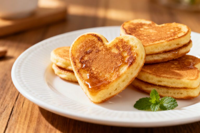 Air fryer heart shaped pancake bites with a fluffy golden texture, lightly drizzled with syrup and served on a plate as a cute breakfast treat.