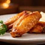 Air fryer chicken wings oven style with crispy golden skin, juicy meat, and a flavorful seasoned coating, served with fresh parsley and a lemon wedge on a white plate.