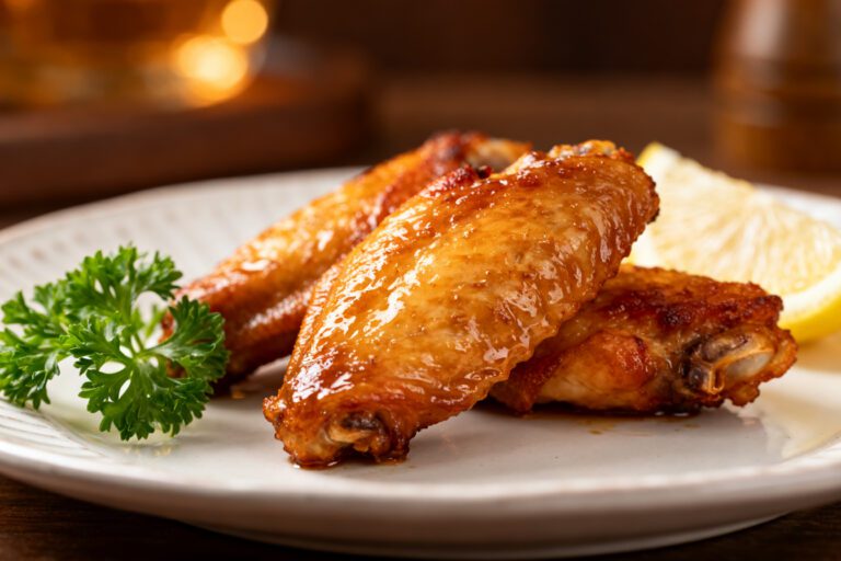 Air fryer chicken wings oven style with crispy golden skin, juicy meat, and a flavorful seasoned coating, served with fresh parsley and a lemon wedge on a white plate.