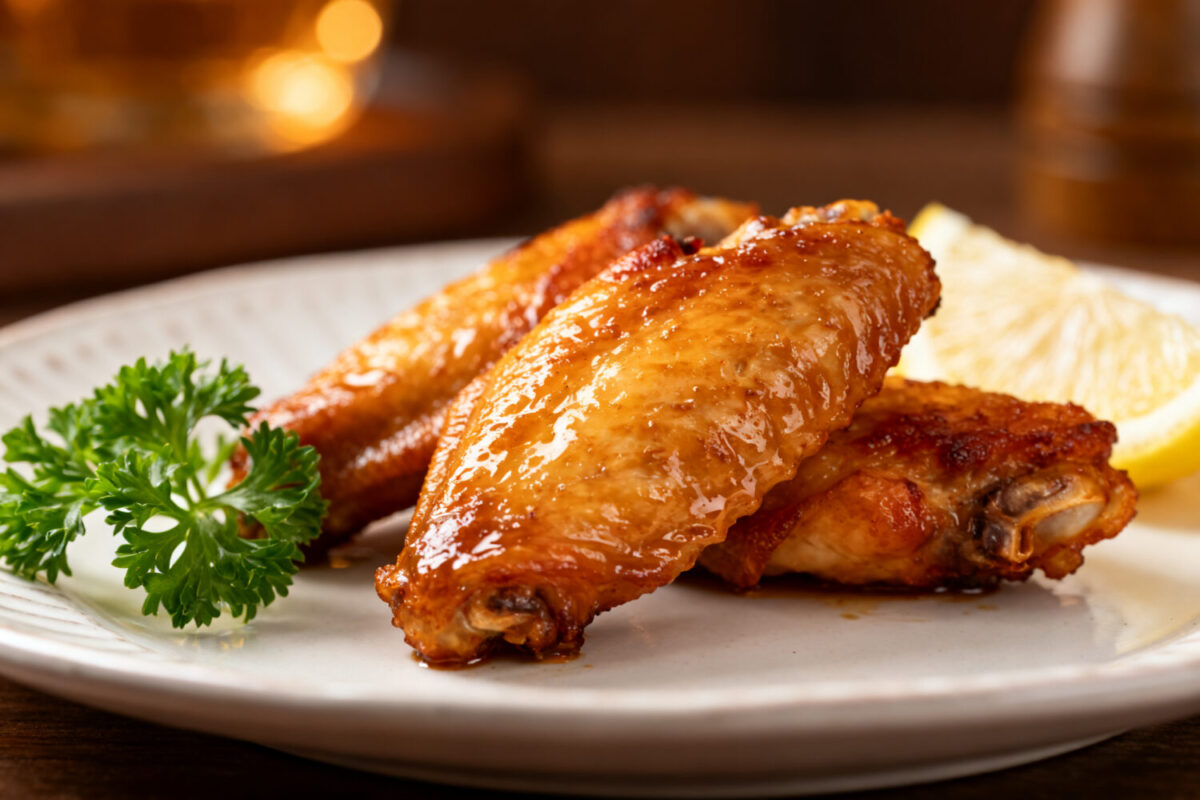 Air fryer chicken wings oven style with crispy golden skin, juicy meat, and a flavorful seasoned coating, served with fresh parsley and a lemon wedge on a white plate.
