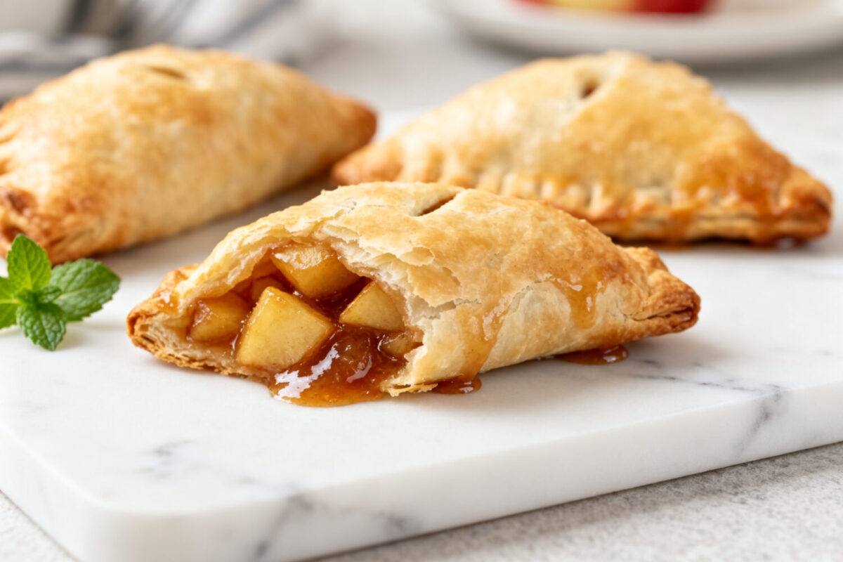 Air fryer apple turnovers with pie crust featuring a flaky golden pastry, warm cinnamon apple filling, and caramelized apple pieces peeking from the crispy crust.