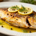 Air fryer whole fish with crispy golden skin and tender flaky meat, served with lemon slices, fresh dill, and a buttery herb sauce on a white platter.