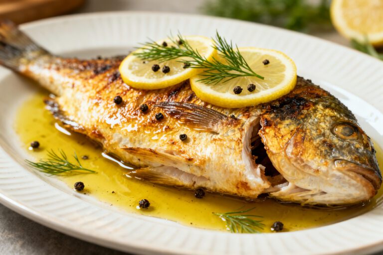 Air fryer whole fish with crispy golden skin and tender flaky meat, served with lemon slices, fresh dill, and a buttery herb sauce on a white platter.