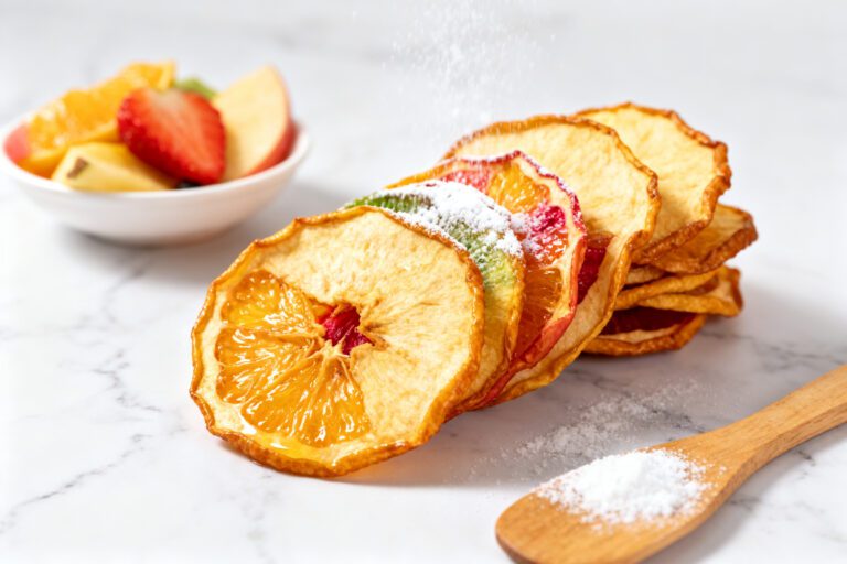 Air fryer fruit chips made with thinly sliced apples and citrus fruit, dried until light and crispy, and naturally sweet for a healthy homemade snack.