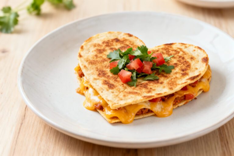 Air fryer heart shaped quesadilla with a crispy golden tortilla, melted cheese filling, and fresh diced tomatoes and cilantro on top, served as a cute and easy meal.