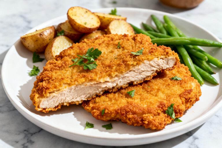 Air fryer chicken fried steak with a crispy golden breaded coating and tender steak inside, served with roasted potatoes and green beans on a dinner plate.
