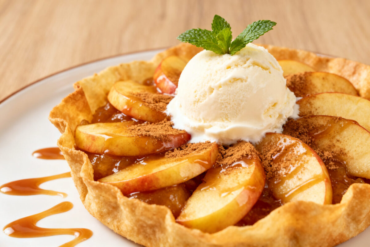 Air fryer apple tortilla dessert with cinnamon spiced apple slices, a crispy tortilla crust, caramel drizzle, and a scoop of vanilla ice cream on top.