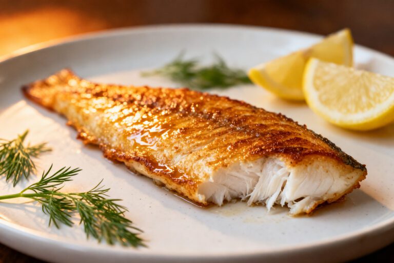 Air fryer cod fish with a crispy golden exterior and tender flaky white fish, served with lemon wedges and fresh dill for a simple and flavorful seafood meal.