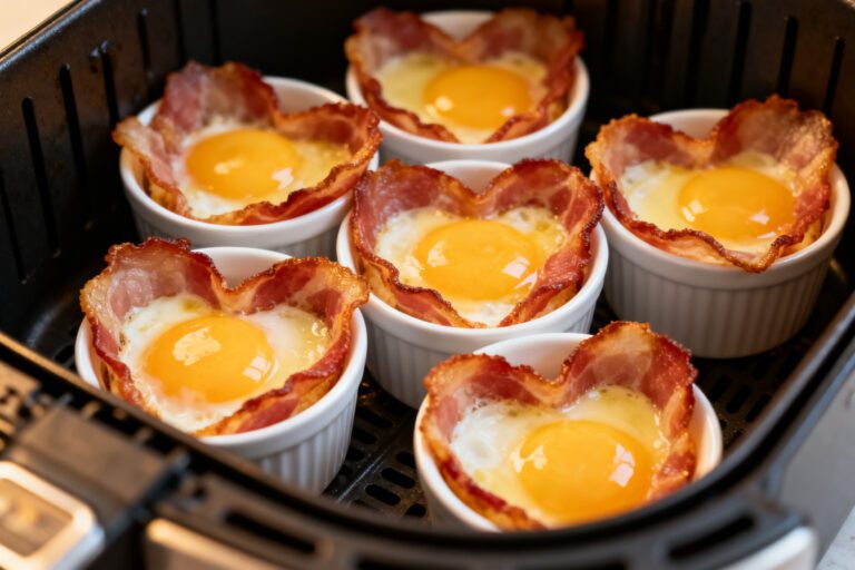 Air fryer heart shaped bacon and egg cups with crispy bacon edges and baked eggs, served in heart shaped ramekins for a fun and festive breakfast.