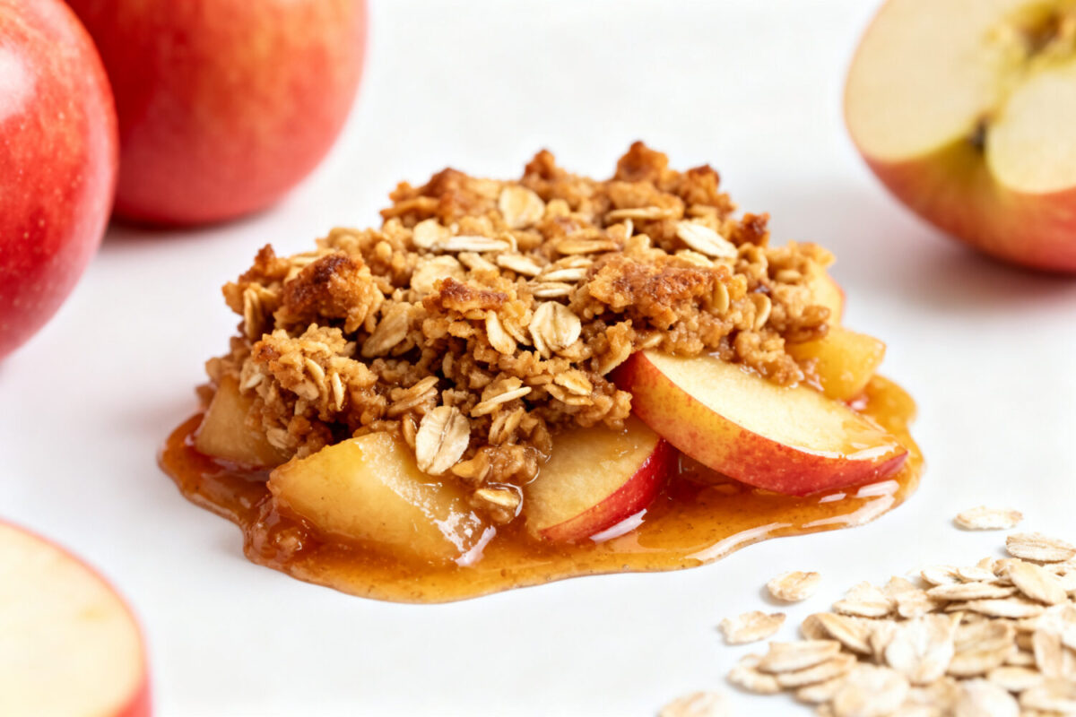 Air fryer apple crisp with oats featuring tender cinnamon apples, a crunchy oat streusel topping, and a sweet caramelized sauce for a cozy homemade dessert.