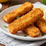 Air fryer homemade fish sticks with a crispy golden breadcrumb coating and tender flaky fish inside, served with lemon wedges, parsley, and tartar sauce.