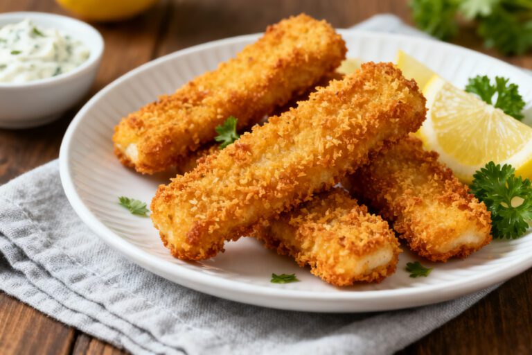Air fryer homemade fish sticks with a crispy golden breadcrumb coating and tender flaky fish inside, served with lemon wedges, parsley, and tartar sauce.
