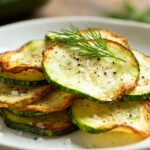 Air fryer zucchini chips with crispy golden edges, tender zucchini centers, sea salt, black pepper, and fresh dill, served as a healthy low calorie snack.