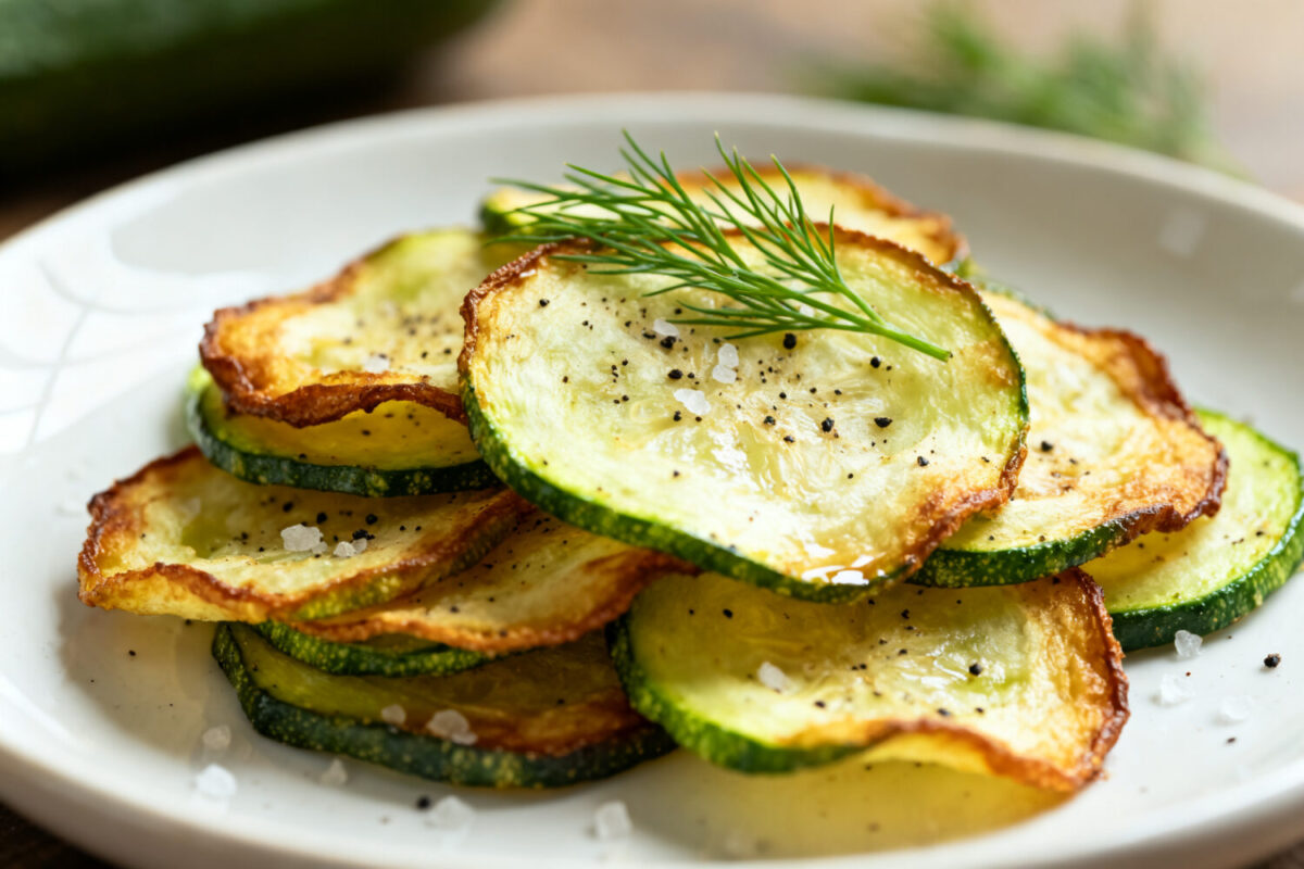 Air fryer zucchini chips with crispy golden edges, tender zucchini centers, sea salt, black pepper, and fresh dill, served as a healthy low calorie snack.