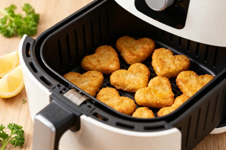 Air fryer heart shaped chicken nuggets with a crispy golden breadcrumb coating, served inside an air fryer basket with lemon wedges for a fun and kid friendly meal.