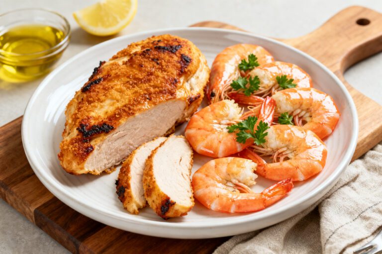 Air fryer chicken and shrimp with juicy seasoned chicken breast, tender shrimp, and fresh parsley, served on a platter for an easy surf and turf style dinner.