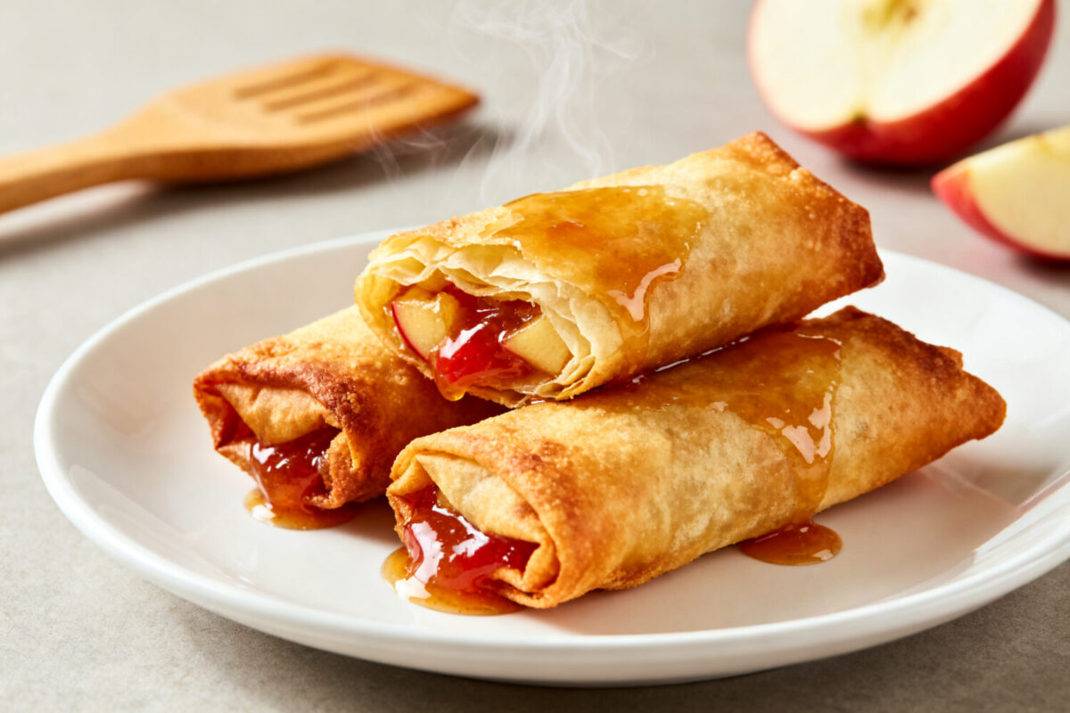 Air fryer apple pie egg rolls with a crispy golden wrapper, warm cinnamon apple filling, and sweet caramel drizzle, served as a cozy homemade dessert.