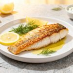Air fryer white fish with a crispy golden exterior and tender flaky fillet, served with lemon slices, fresh dill, and a buttery sauce on a white plate.