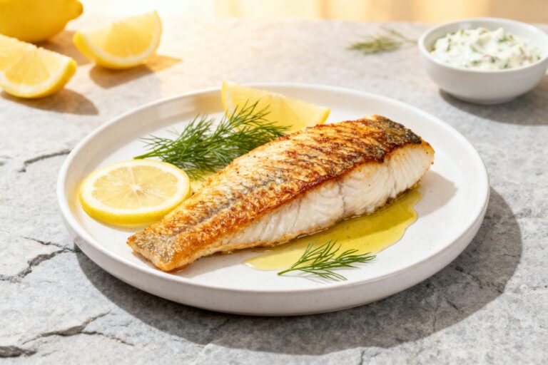 Air fryer white fish with a crispy golden exterior and tender flaky fillet, served with lemon slices, fresh dill, and a buttery sauce on a white plate.
