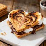 Air fryer heart shaped s’mores with toasted marshmallows, melted chocolate, and graham crackers, featuring a heart design and served as a fun and indulgent dessert.