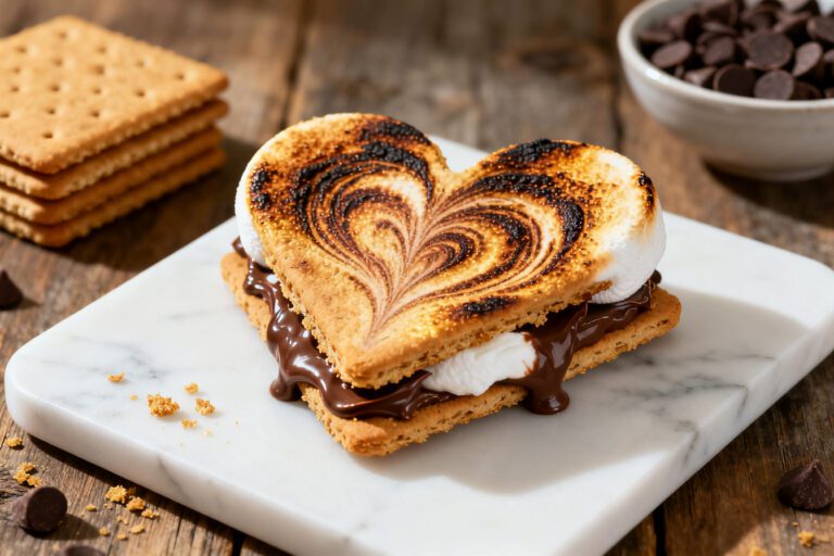 Air fryer heart shaped s’mores with toasted marshmallows, melted chocolate, and graham crackers, featuring a heart design and served as a fun and indulgent dessert.