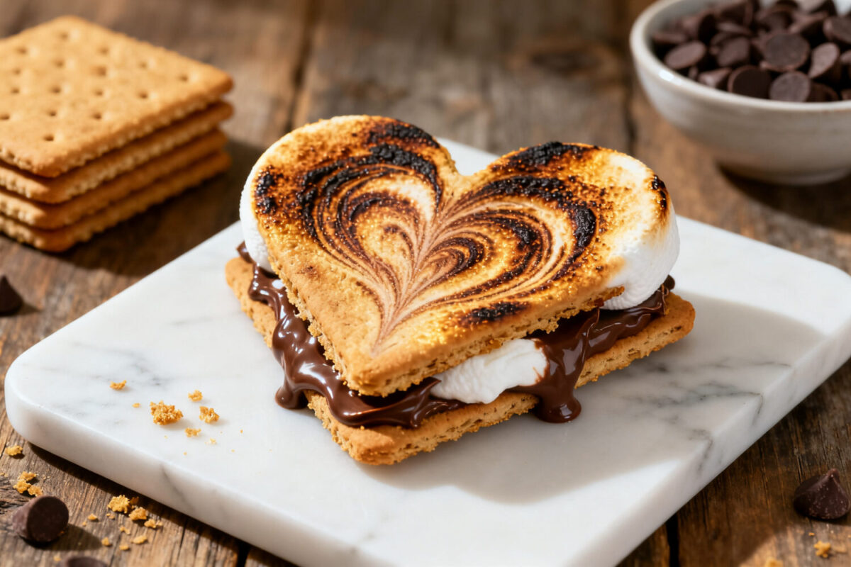 Air fryer heart shaped s’mores with toasted marshmallows, melted chocolate, and graham crackers, featuring a heart design and served as a fun and indulgent dessert.