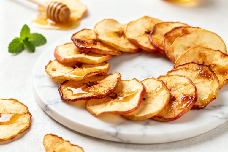 Air fryer apple chips with thinly sliced apples dried until crispy and lightly golden, arranged on a plate as a naturally sweet and healthy homemade snack.