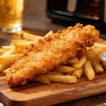 Air fryer beer battered fish and chips with a crispy golden fish fillet, crunchy fries, lemon wedges, and creamy tartar sauce, served on a wooden board for a classic pub style meal.