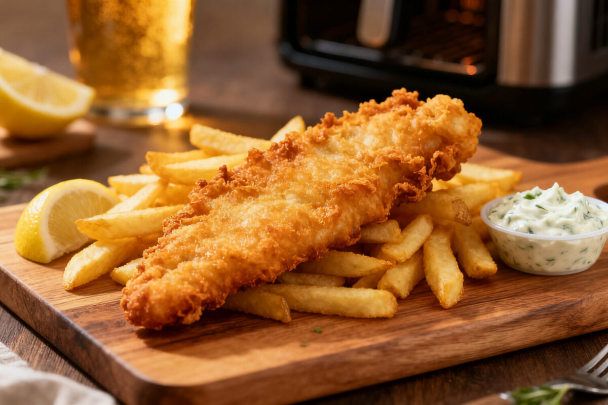 Air fryer beer battered fish and chips with a crispy golden fish fillet, crunchy fries, lemon wedges, and creamy tartar sauce, served on a wooden board for a classic pub style meal.