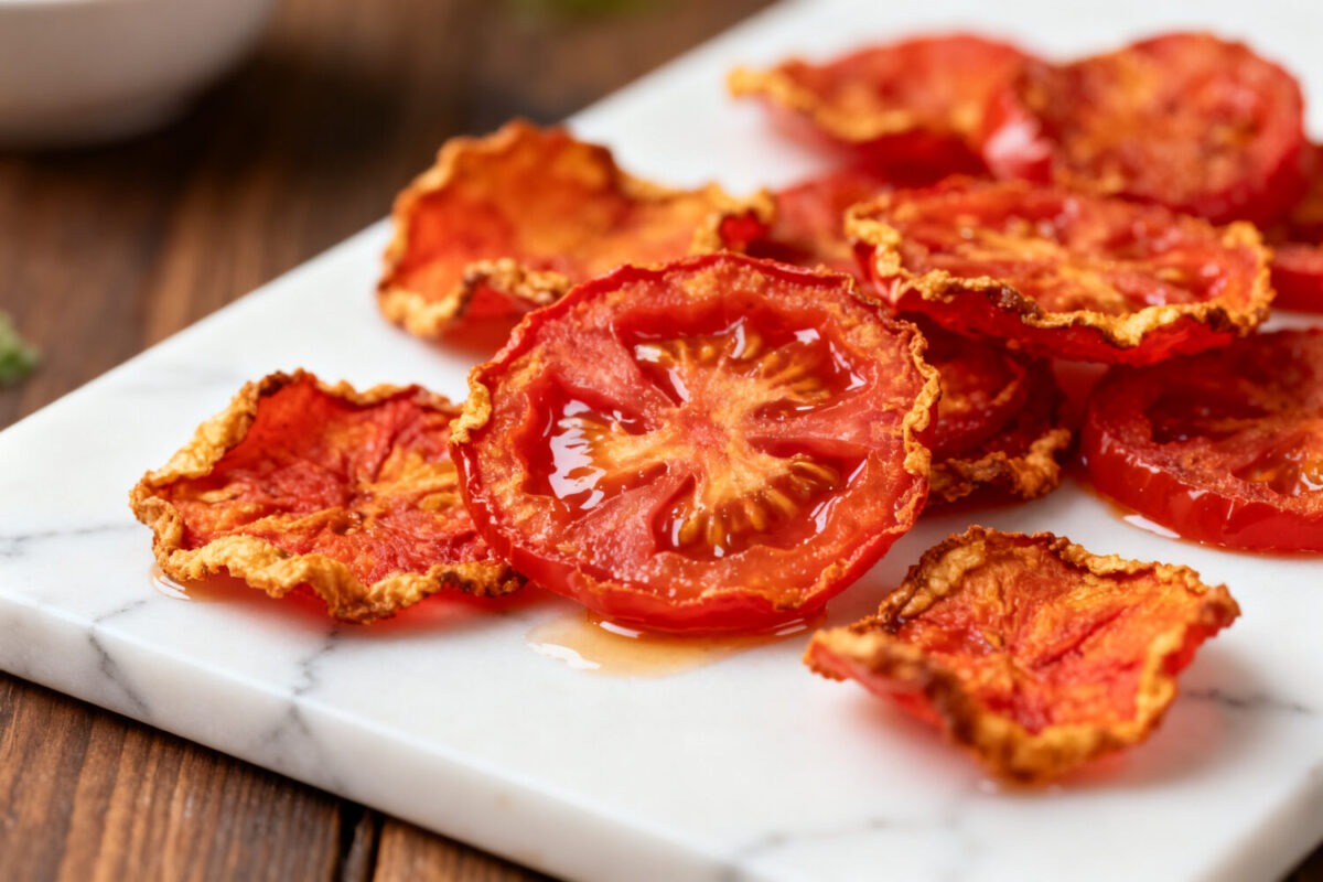 Air fryer tomato chips with thinly sliced tomatoes roasted until crispy, featuring a rich savory flavor and crunchy texture, served as a healthy homemade snack.