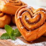 Air fryer heart shaped cinnamon rolls with a soft fluffy texture, swirls of cinnamon sugar filling, sweet glaze, and a golden baked finish, served as a cute homemade treat.