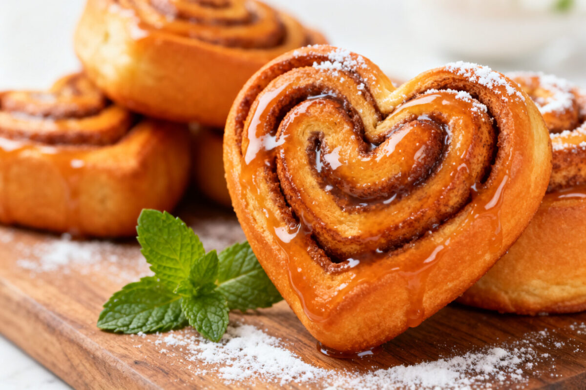Air fryer heart shaped cinnamon rolls with a soft fluffy texture, swirls of cinnamon sugar filling, sweet glaze, and a golden baked finish, served as a cute homemade treat.