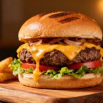 Air fryer homemade burger with a juicy beef patty, melted cheddar cheese, fresh lettuce, tomato slices, and caramelized onions on a toasted bun, served with crispy fries.