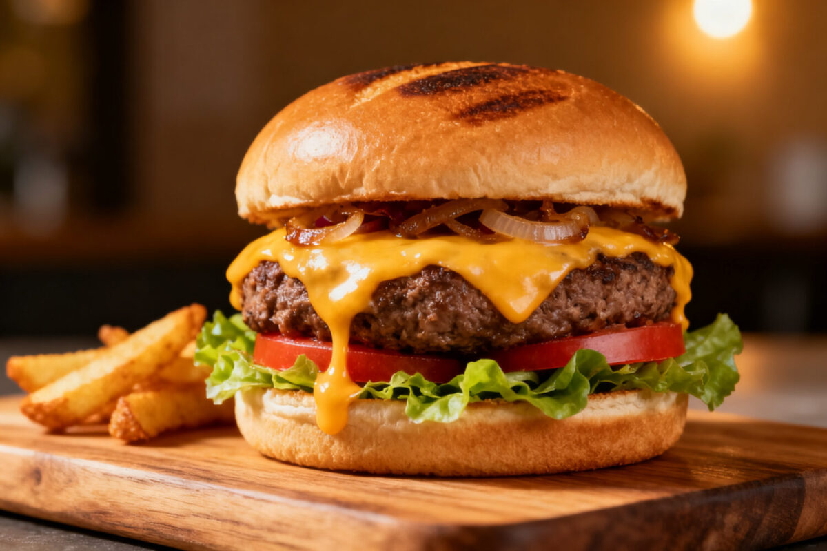 Air fryer homemade burger with a juicy beef patty, melted cheddar cheese, fresh lettuce, tomato slices, and caramelized onions on a toasted bun, served with crispy fries.